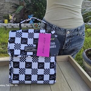 NWT BLACK n WHITE BETSEY JOHNSON INSULATED CHECKER BOARD FLAP TOP LUNCH TOTE